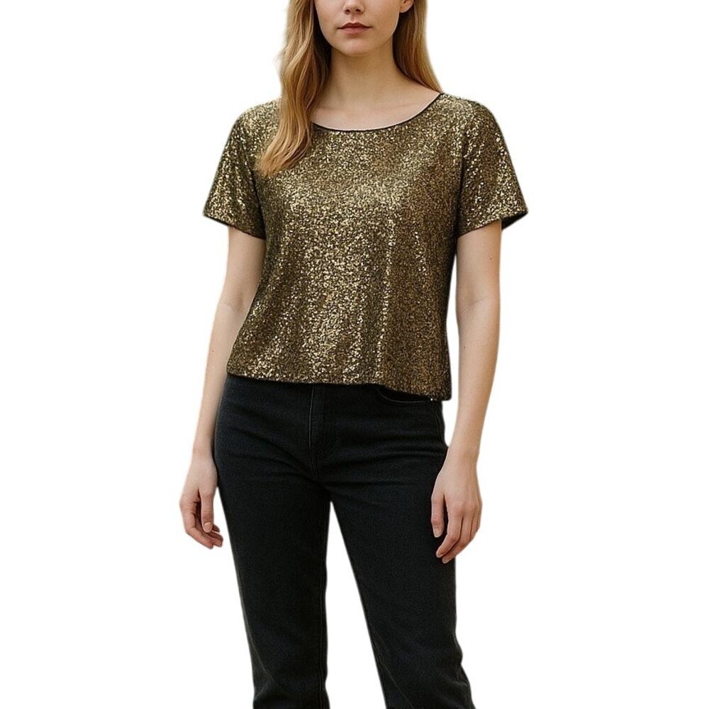 Black Gold Sequin Top Sheer Mesh Party Blouse S Sparkly Evening Shirt